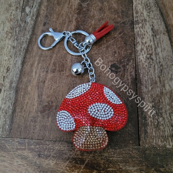 🍄 Mushroom Crystal Rhinestone Keychain Bag Charm With Red Tassel - Picture 6 of 13